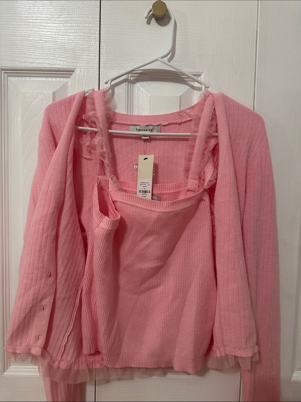 Francesca's Collections Light Pink Ribbed Ruffle-Trim Cardigan Set - Picture 2 of 3
